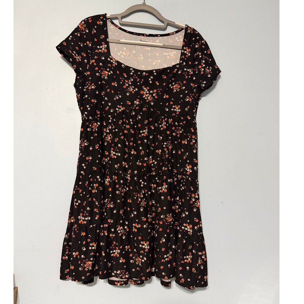 No Boundaries XXL Black Floral Tiered Babydoll Mini Dress Square Neck 2519
